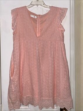 Blush Pink Eyelet Flutter-Sleeve Dress. Pockets and built in shorts